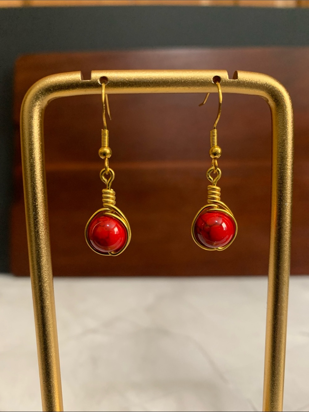 Handmade wire wrapped red turquoise bead earrings
